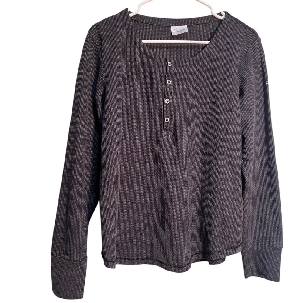 Columbia Womens Size XL Thermal Henley Top Gray Black Long Sleeve Outdoor Cotton